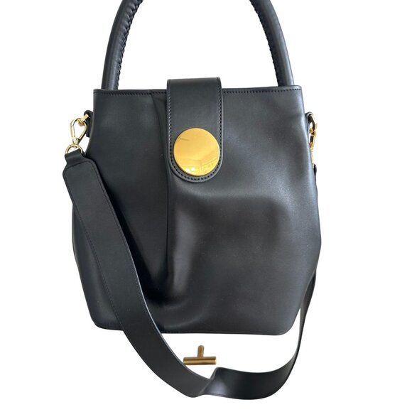 ELLEME Black Leather Bucket Tote Bag w/ Detachable Strap - Picture 2 of 12